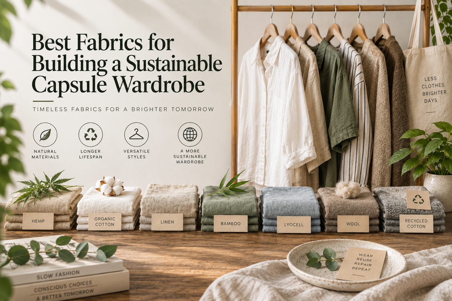 Best fabrics for a sustainable capsule wardrobe featuring hemp, organic cotton, linen, bamboo, lyocell, wool, and recycled cotton.