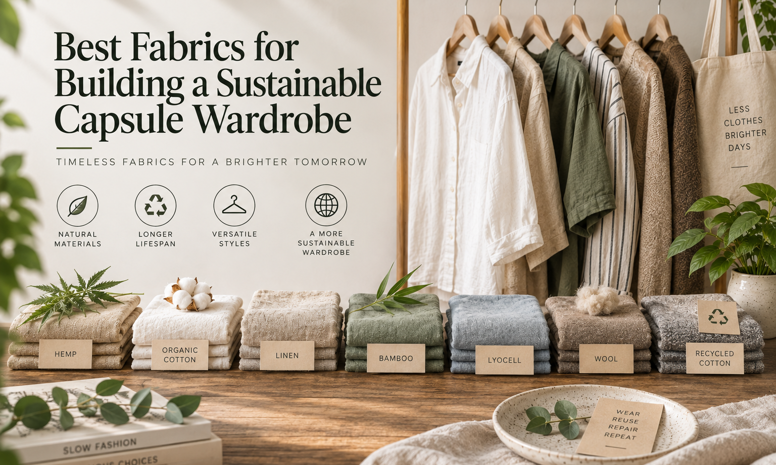 Best fabrics for a sustainable capsule wardrobe featuring hemp, organic cotton, linen, bamboo, lyocell, wool, and recycled cotton.