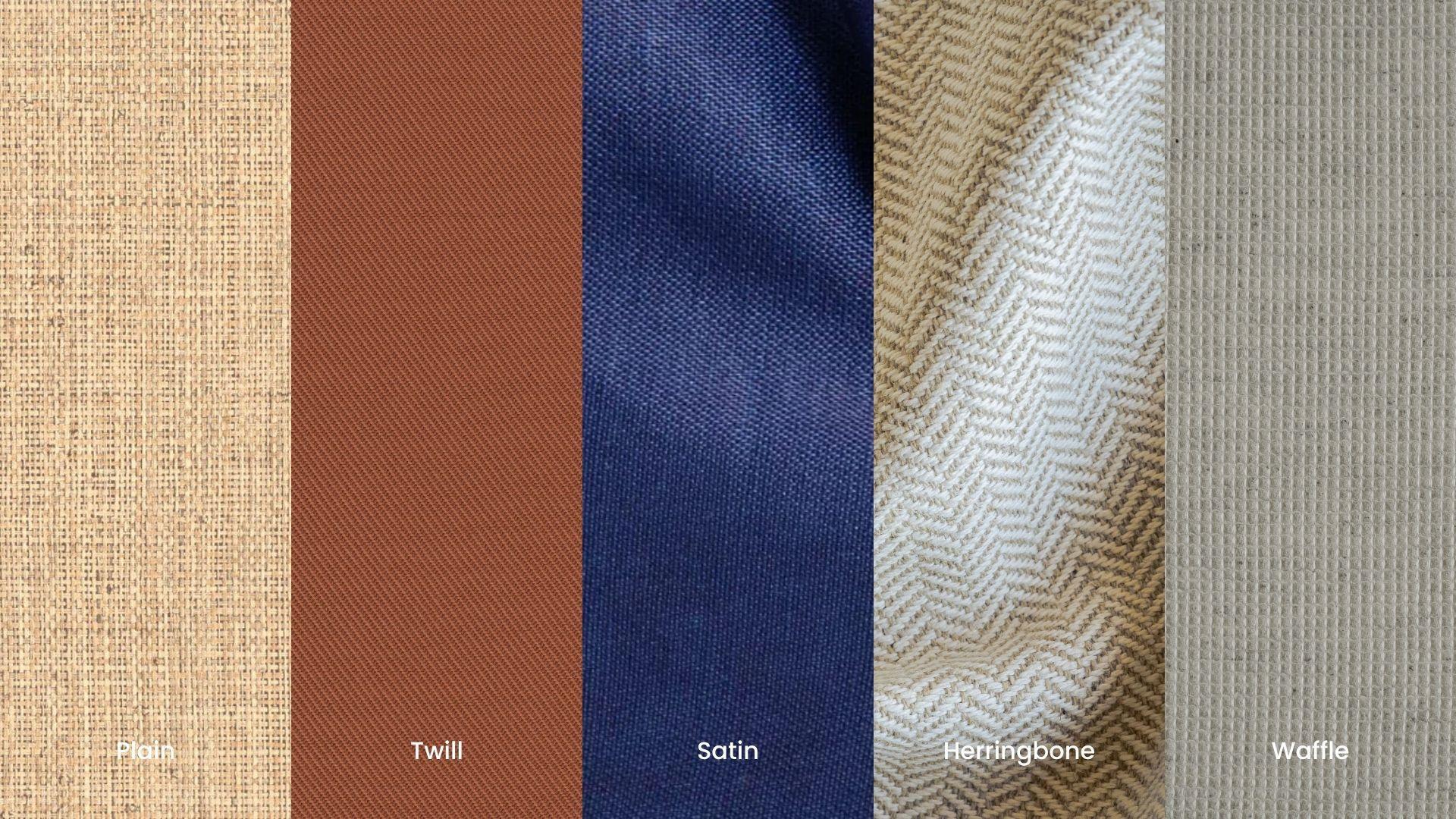 Different fabric weave patterns including plain, twill, satin, herringbone and waffle weave
